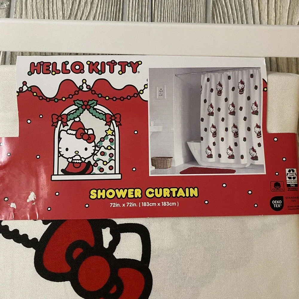 Hello Kitty Christmas Shower Curtain Be Merry & Bright White All Over Print New